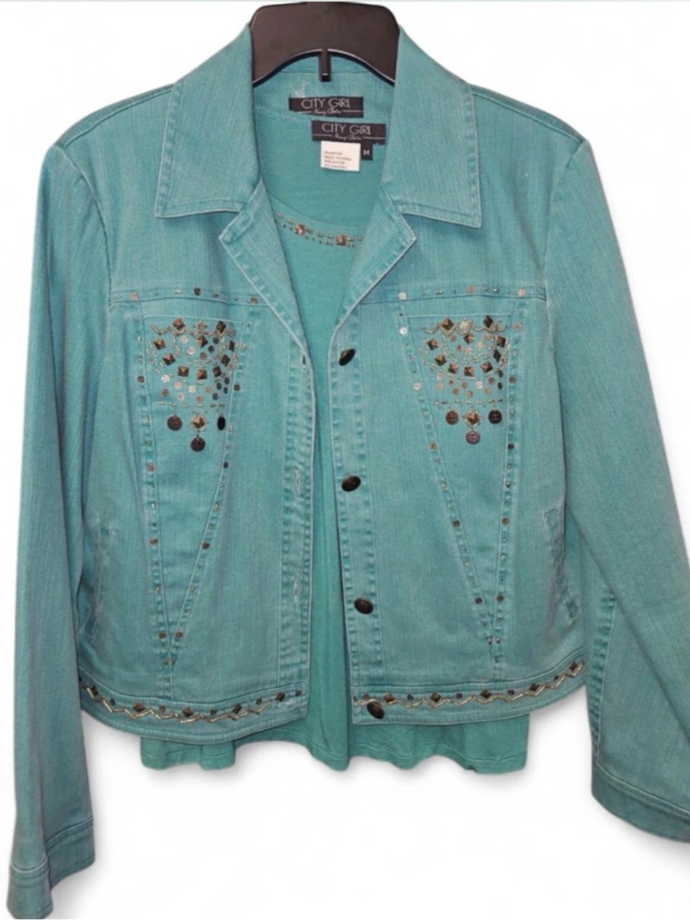 City Girl Teal Embellished Denim Jacket with matching t-shirt